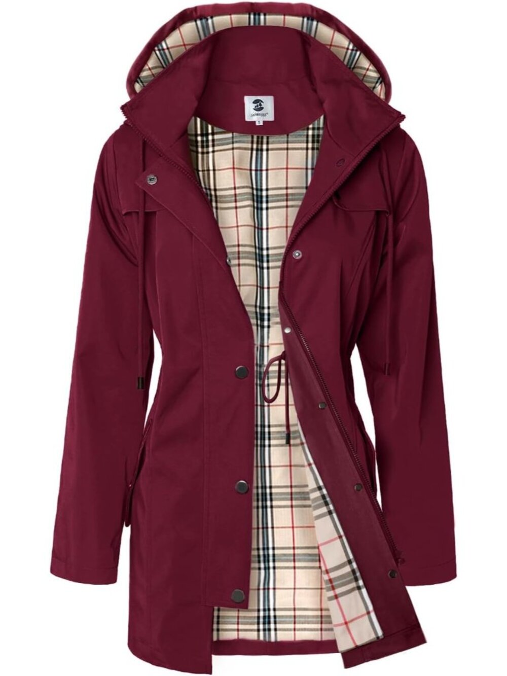 Women's Burgundy Hooded Plaid Lined Waterproof Drawstring Windbreaker Rain Coat